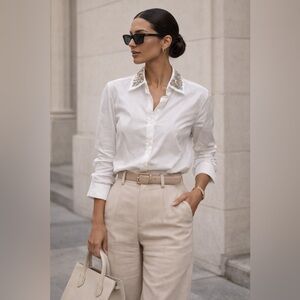 NWOT Tristan Button Down Blouse Beaded Collar Pearl Buttons Crisp White …​